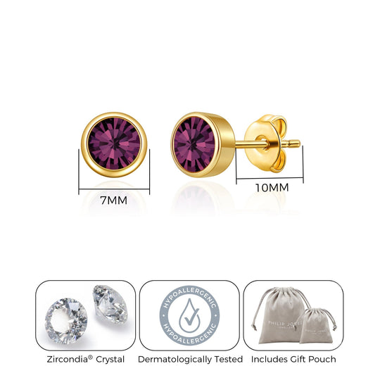 Gold Plated June (Alexandrite) Birthstone Earrings Created with Zircondia® Crystals - Philip Jones Jewellery