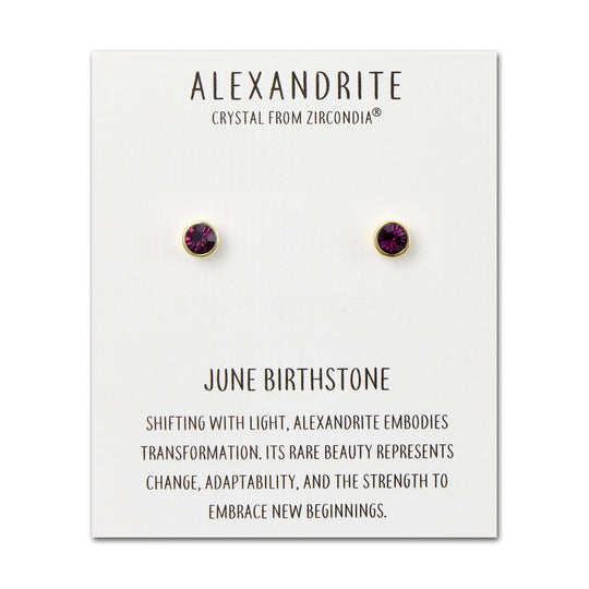 Gold Plated June (Alexandrite) Birthstone Earrings Created with Zircondia® Crystals - Philip Jones Jewellery