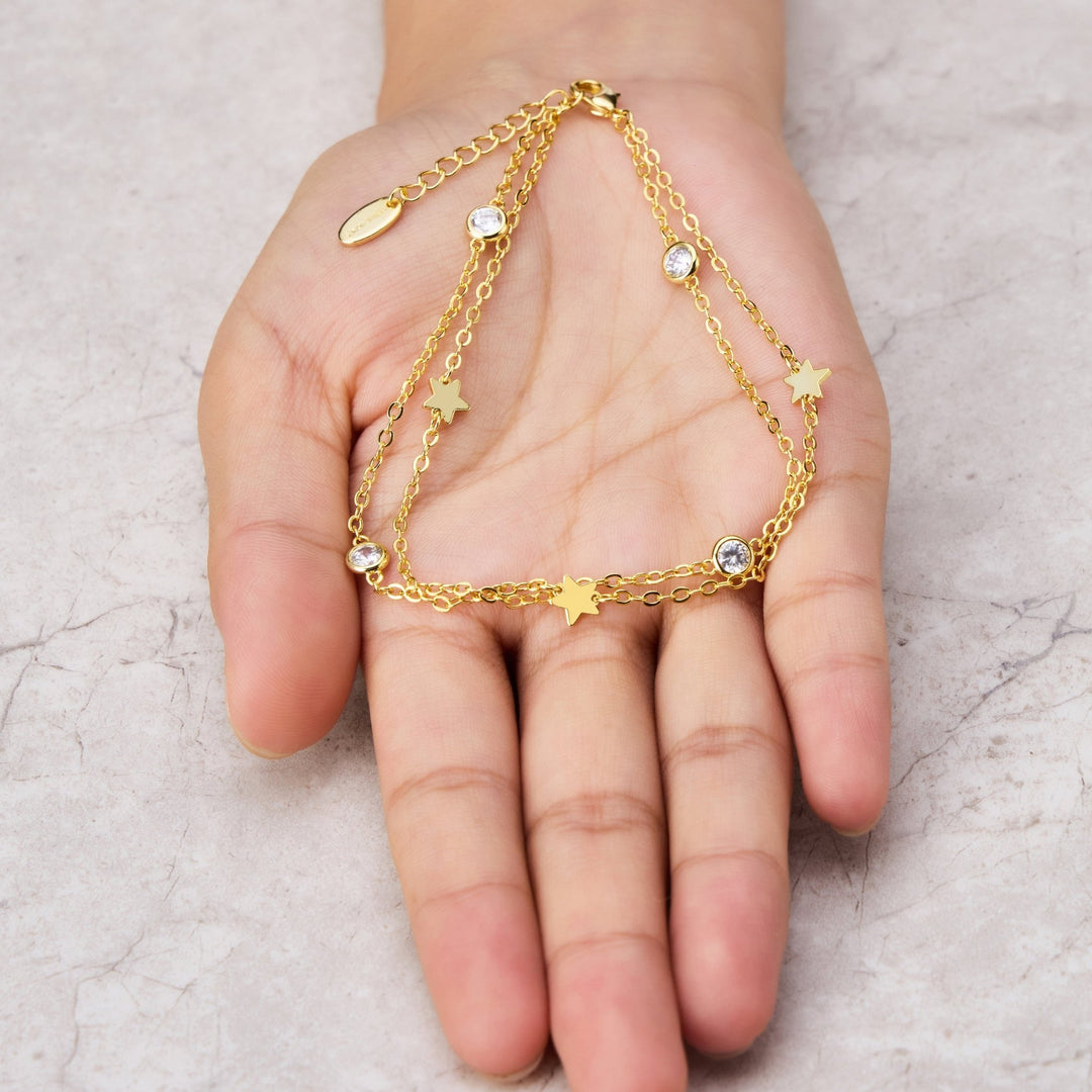 Gold Plated Layered Star Anklet Created with Zircondia® Crystals - Philip Jones Jewellery