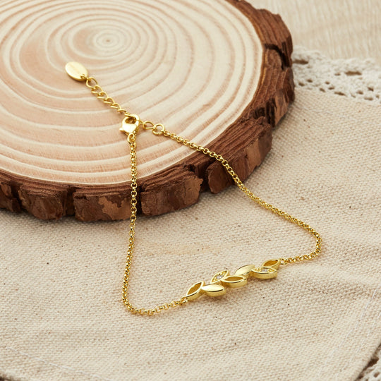 Gold Plated Leaf Chain Bracelet Created with Zircondia® Crystals - Philip Jones Jewellery