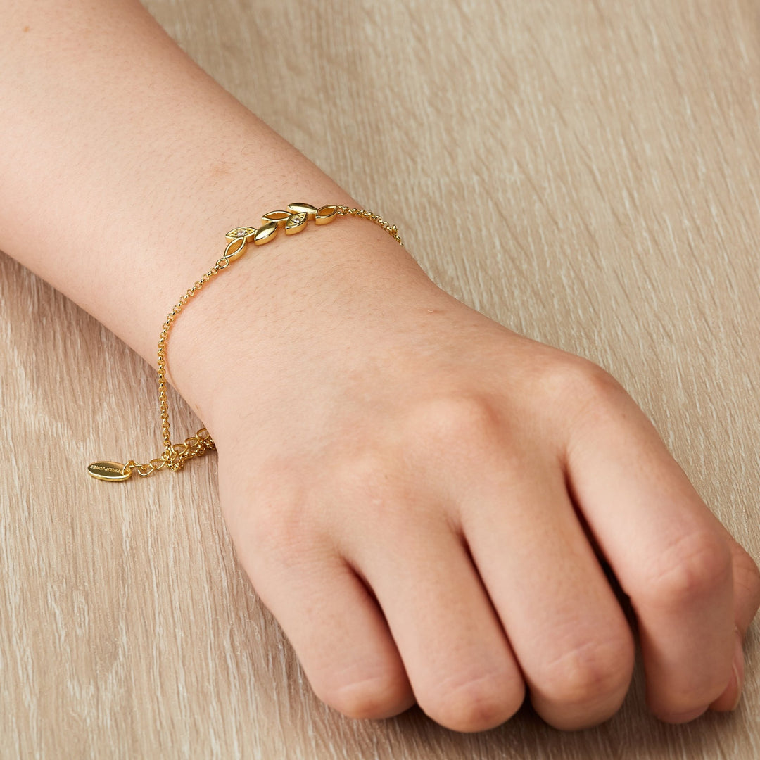 Gold Plated Leaf Chain Bracelet Created with Zircondia® Crystals - Philip Jones Jewellery