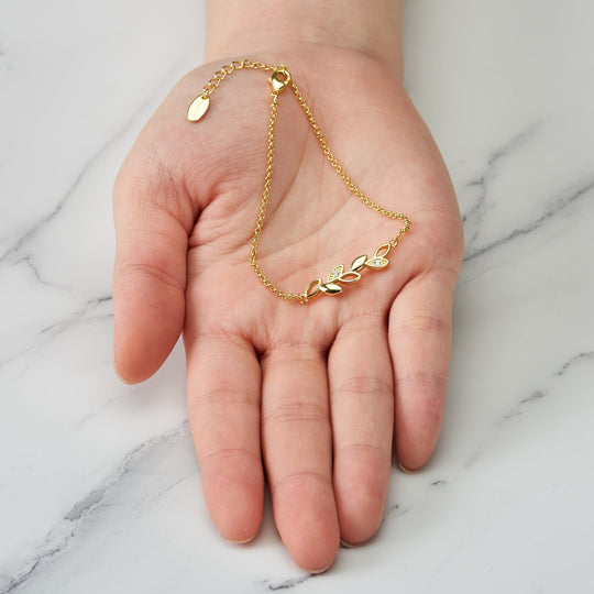 Gold Plated Leaf Chain Bracelet Created with Zircondia® Crystals - Philip Jones Jewellery