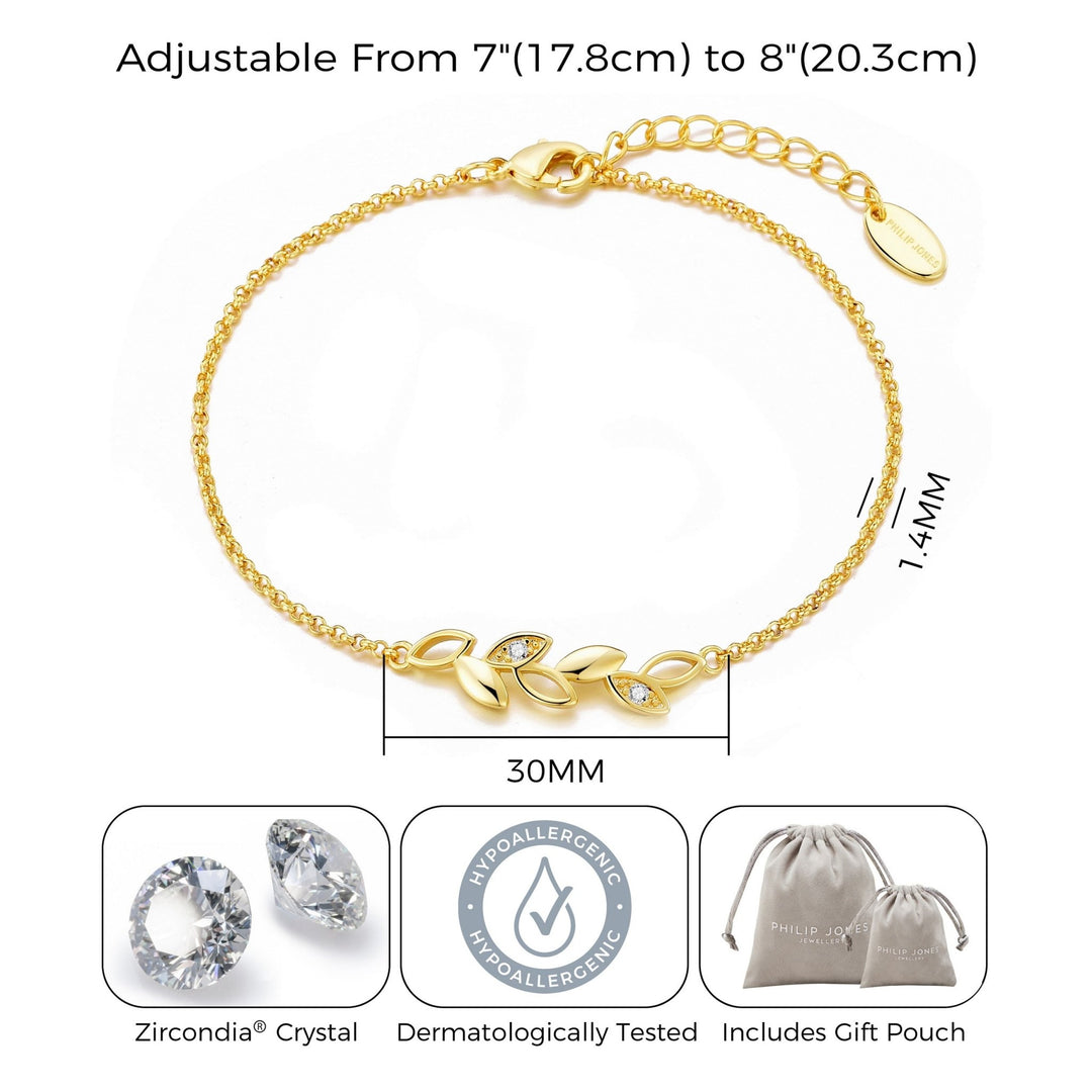 Gold Plated Leaf Chain Bracelet Created with Zircondia® Crystals - Philip Jones Jewellery