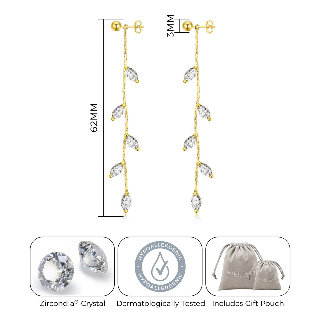 Gold Plated Leaf Dangle Earrings Created with Zircondia® Crystals - Philip Jones Jewellery