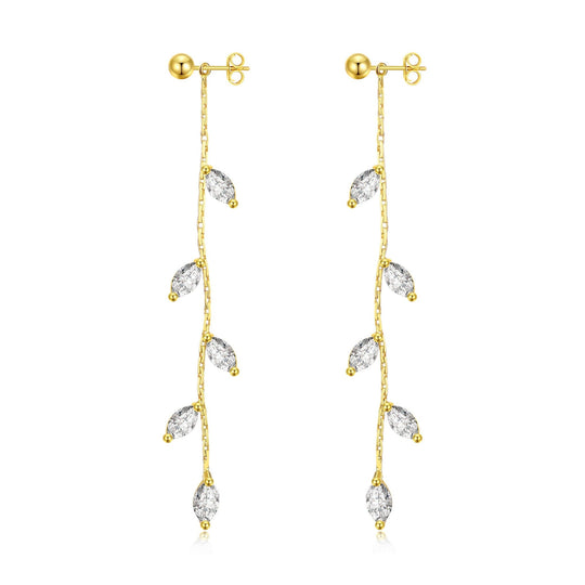 Gold Plated Leaf Dangle Earrings Created with Zircondia® Crystals - Philip Jones Jewellery
