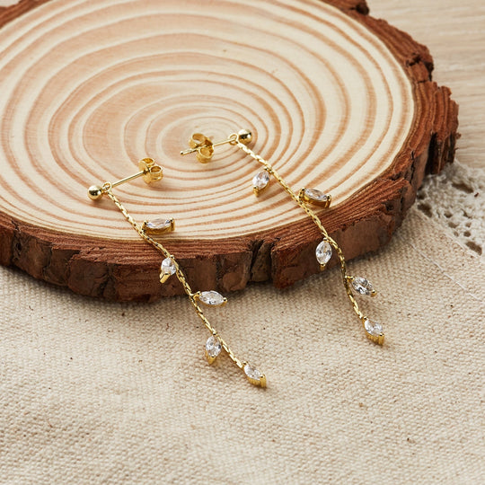 Gold Plated Leaf Dangle Earrings Created with Zircondia® Crystals - Philip Jones Jewellery