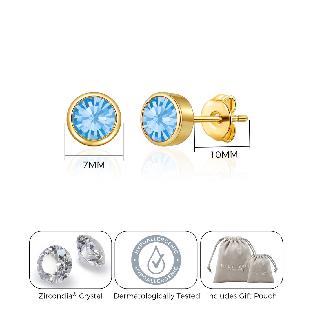 Gold Plated March (Aquamarine) Birthstone Earrings Created with Zircondia® Crystals - Philip Jones Jewellery