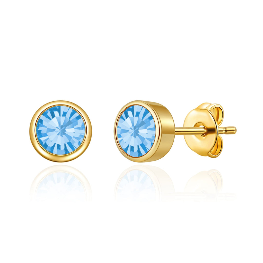 Gold Plated March (Aquamarine) Birthstone Earrings Created with Zircondia® Crystals - Philip Jones Jewellery