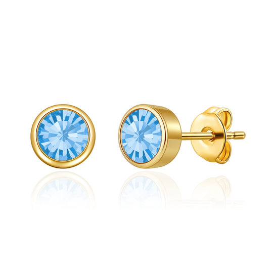 Gold Plated March (Aquamarine) Birthstone Earrings Created with Zircondia® Crystals - Philip Jones Jewellery