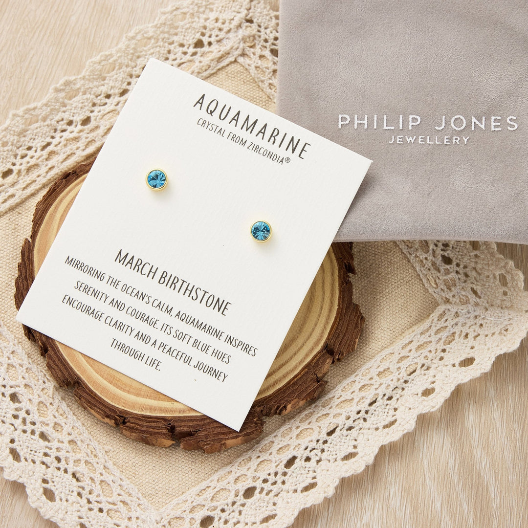 Gold Plated March (Aquamarine) Birthstone Earrings Created with Zircondia® Crystals - Philip Jones Jewellery