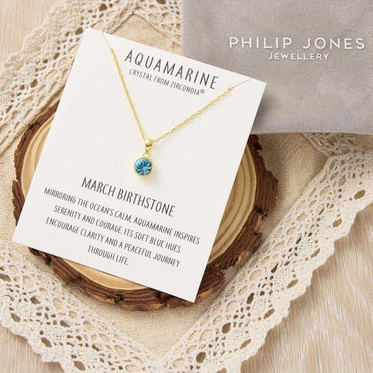 Gold Plated March (Aquamarine) Birthstone Necklace Created with Zircondia® Crystals - Philip Jones Jewellery