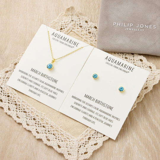 Gold Plated March (Aquamarine) Birthstone Necklace & Earrings Set Created with Zircondia® Crystals - Philip Jones Jewellery