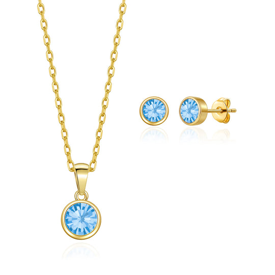 Gold Plated March (Aquamarine) Birthstone Necklace & Earrings Set Created with Zircondia® Crystals - Philip Jones Jewellery