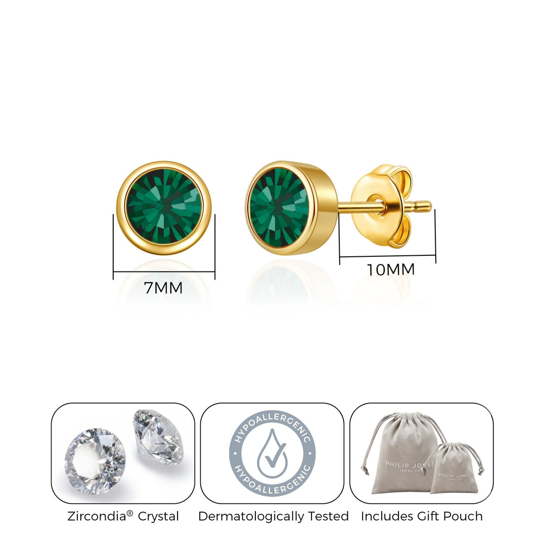 Gold Plated May (Emerald) Birthstone Earrings Created with Zircondia® Crystals - Philip Jones Jewellery