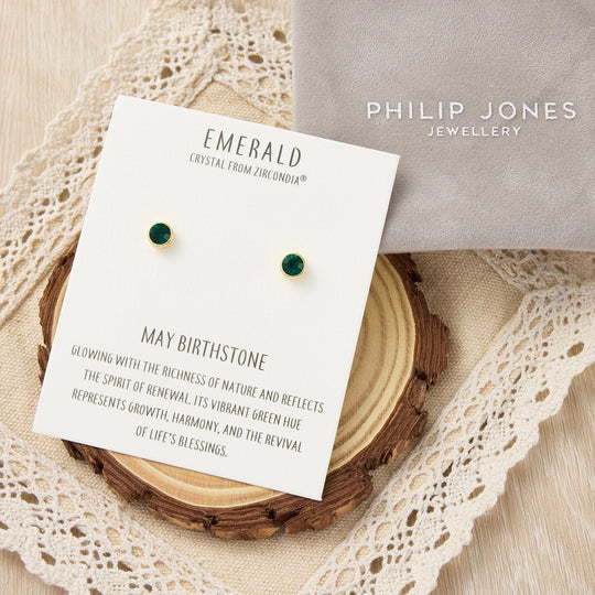 Gold Plated May (Emerald) Birthstone Earrings Created with Zircondia® Crystals - Philip Jones Jewellery