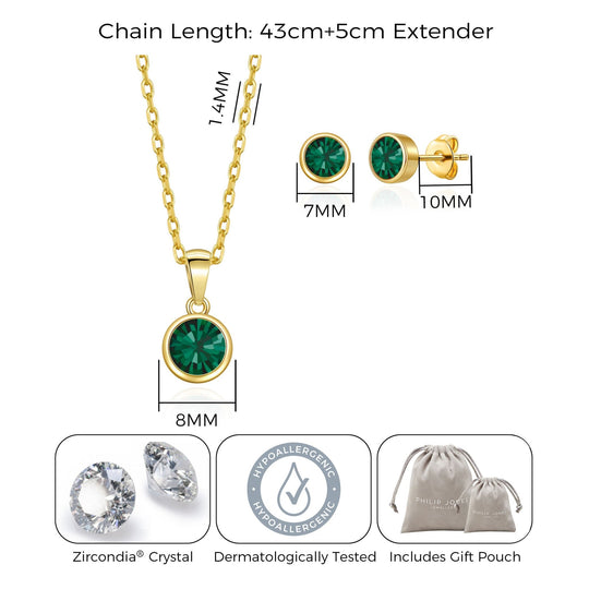 Gold Plated May (Emerald) Birthstone Necklace & Earrings Set Created with Zircondia® Crystals - Philip Jones Jewellery