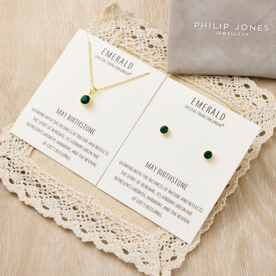 Gold Plated May (Emerald) Birthstone Necklace & Earrings Set Created with Zircondia® Crystals - Philip Jones Jewellery