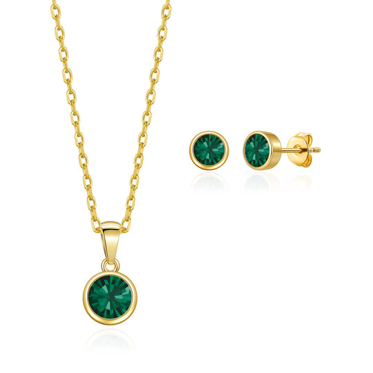 Gold Plated May (Emerald) Birthstone Necklace & Earrings Set Created with Zircondia® Crystals - Philip Jones Jewellery