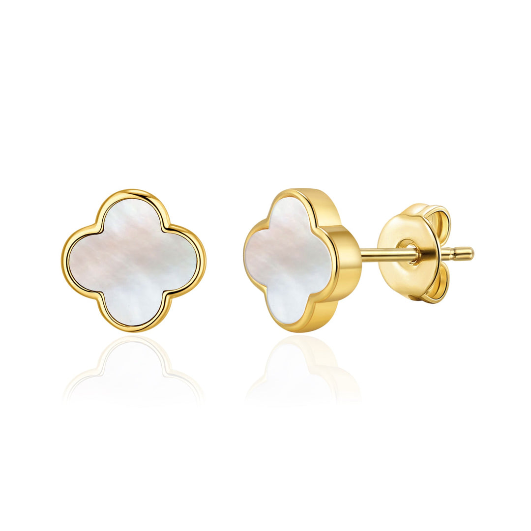 Gold Plated Mother of Pearl Gemstone Clover Earrings - Philip Jones Jewellery