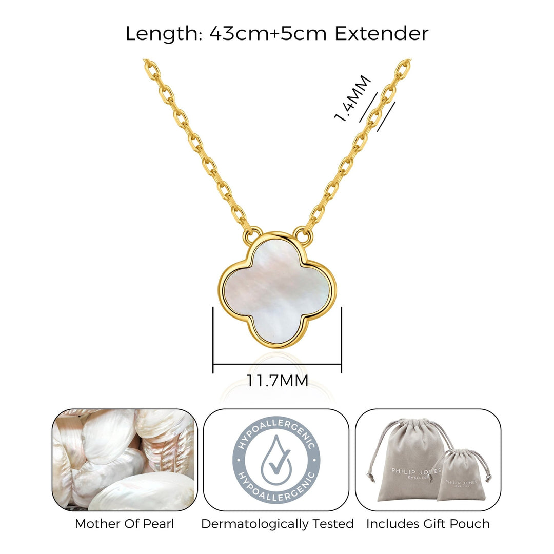 Gold Plated Mother of Pearl Gemstone Clover Necklace - Philip Jones Jewellery