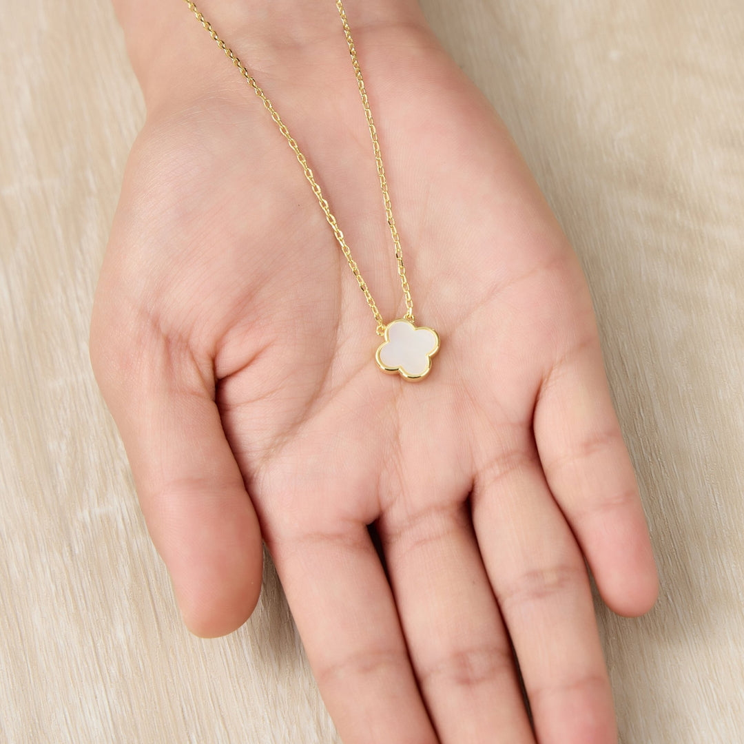 Gold Plated Mother of Pearl Gemstone Clover Necklace - Philip Jones Jewellery