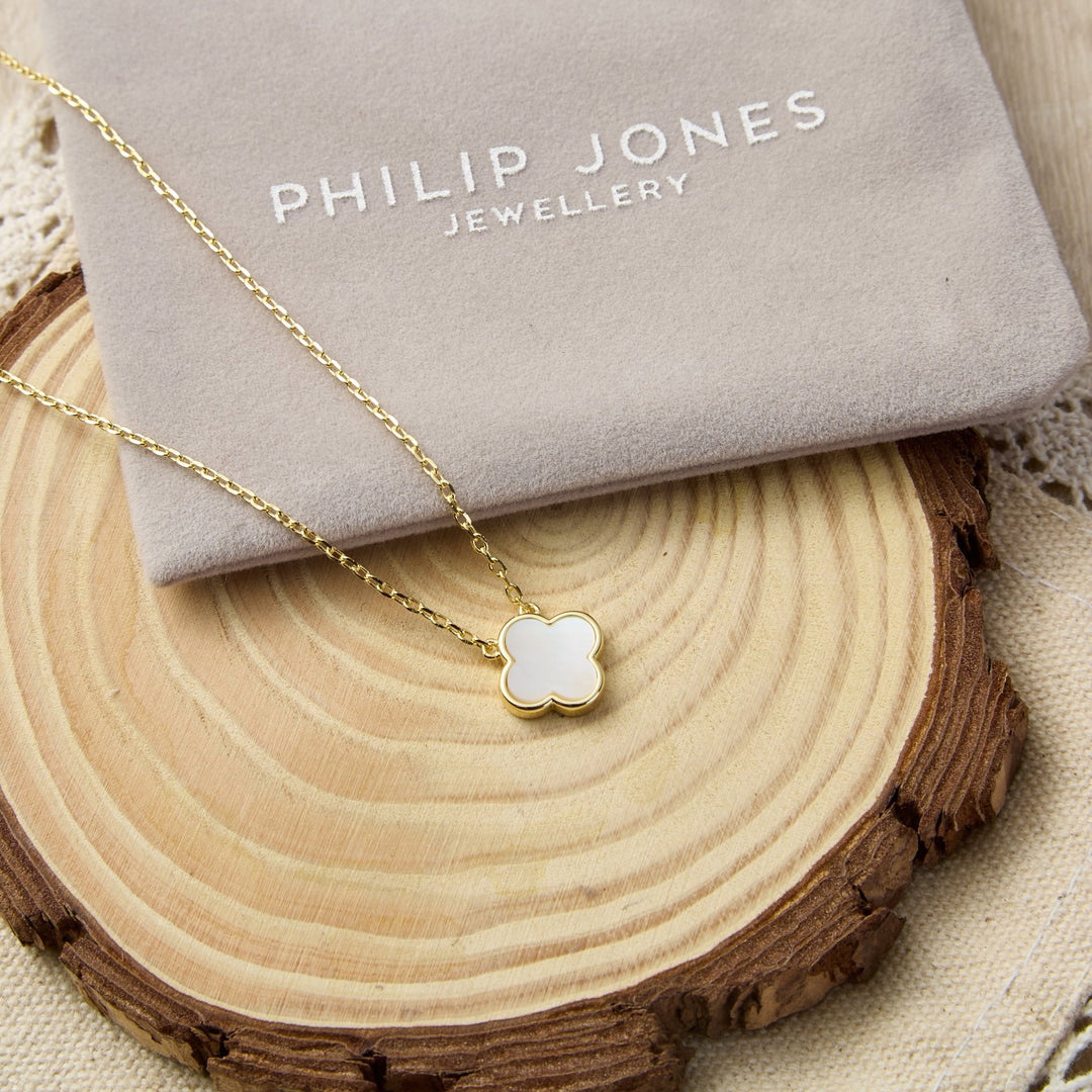 Gold Plated Mother of Pearl Gemstone Clover Necklace - Philip Jones Jewellery