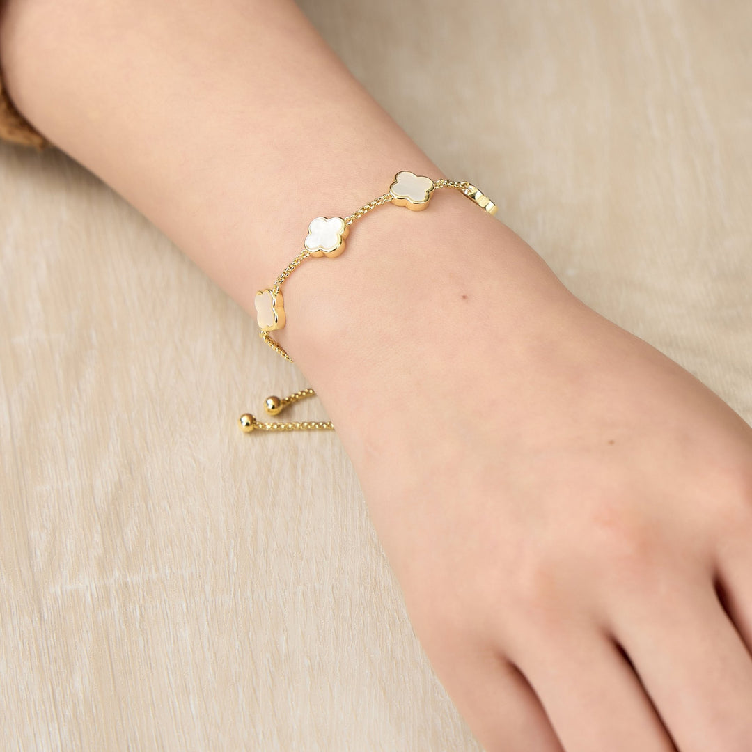 Gold Plated Mother Of Pearl Multi Clover Friendship Bracelet - Philip Jones Jewellery