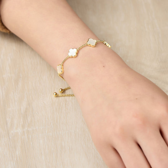Gold Plated Mother Of Pearl Multi Clover Friendship Bracelet - Philip Jones Jewellery