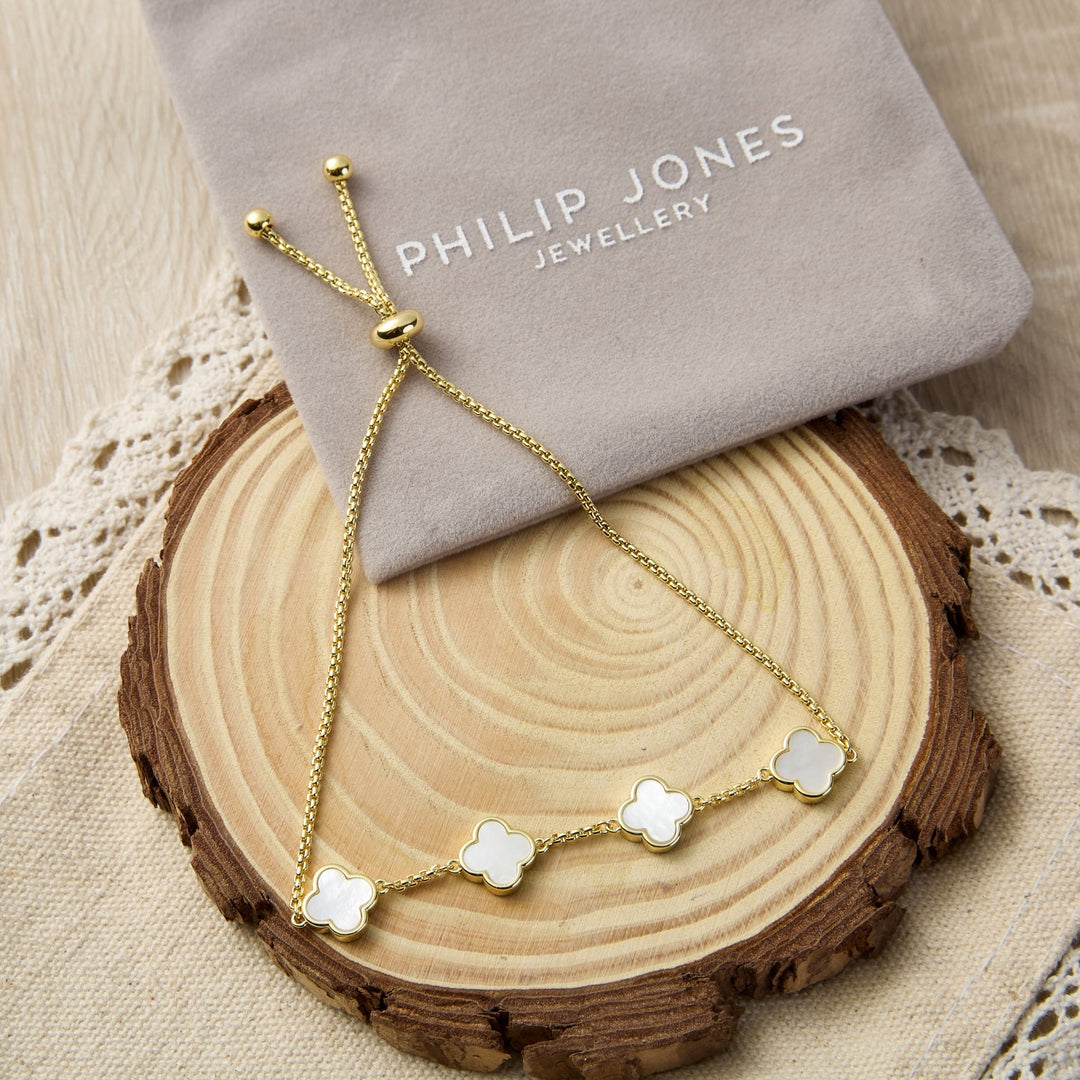 Gold Plated Mother Of Pearl Multi Clover Friendship Bracelet - Philip Jones Jewellery