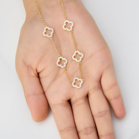 Gold Plated Multi Clover Necklace Created with Zircondia® Crystals - Philip Jones Jewellery