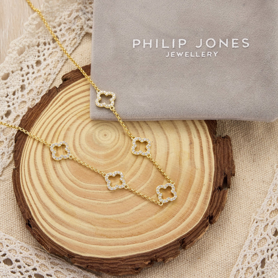 Gold Plated Multi Clover Necklace Created with Zircondia® Crystals - Philip Jones Jewellery