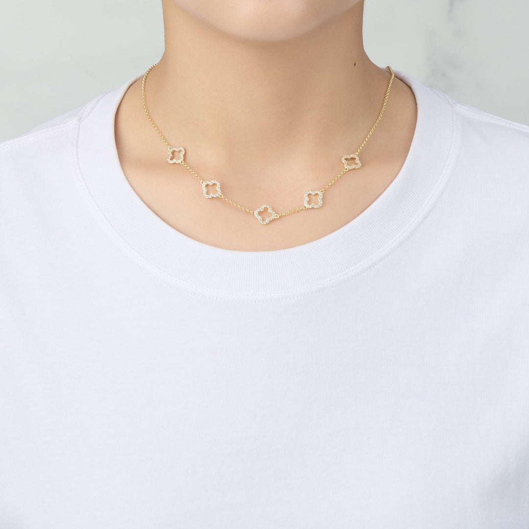 Gold Plated Multi Clover Necklace Created with Zircondia® Crystals - Philip Jones Jewellery