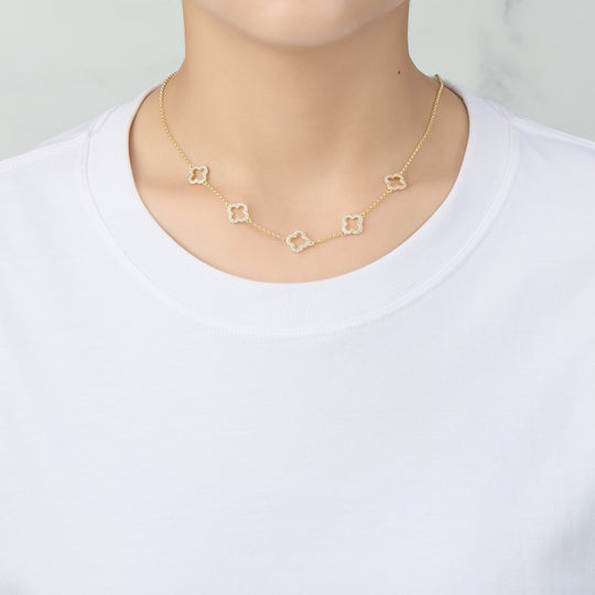 Gold Plated Multi Clover Necklace Created with Zircondia® Crystals - Philip Jones Jewellery