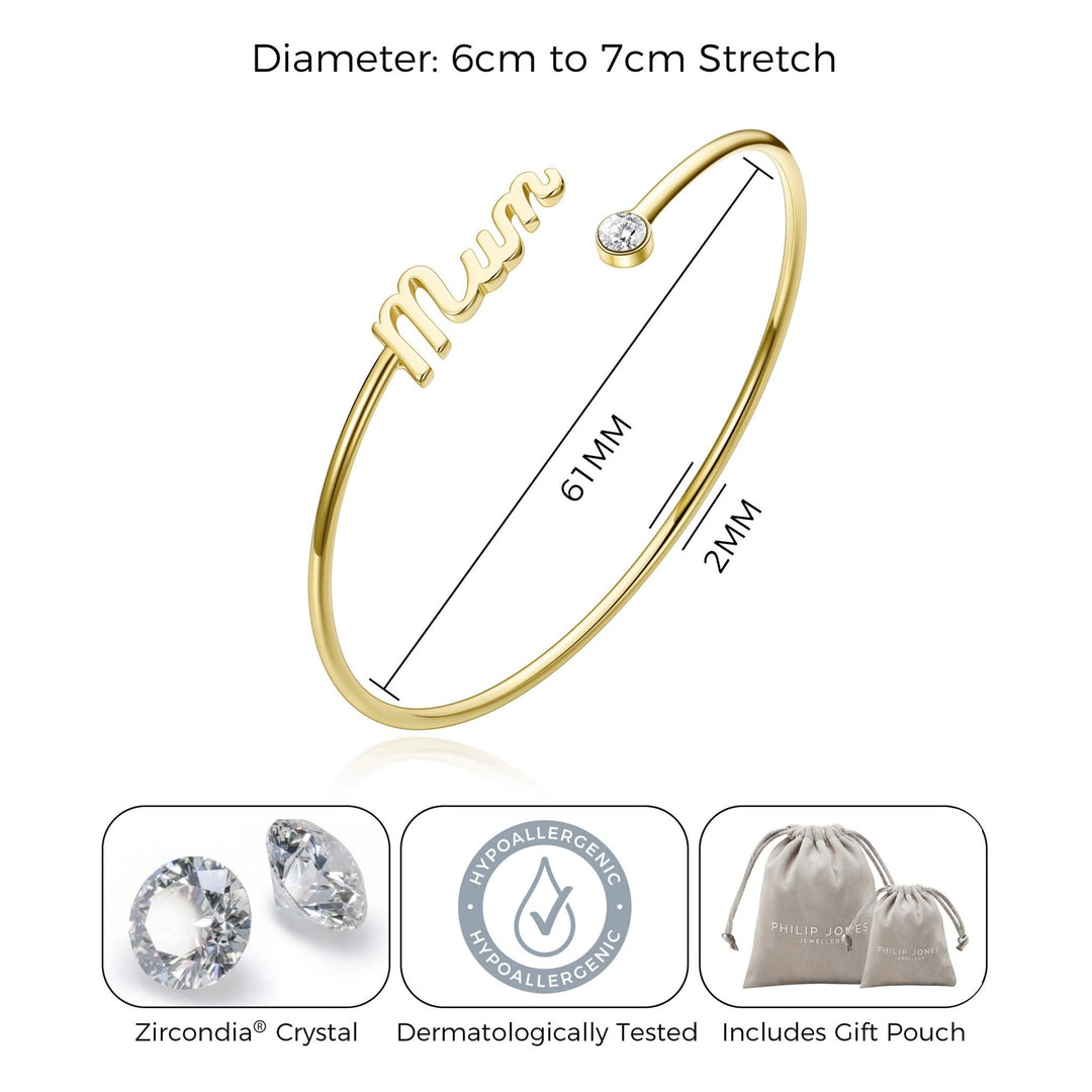 Gold Plated Mum Cuff Bangle Created with Zircondia® Crystals - Philip Jones Jewellery