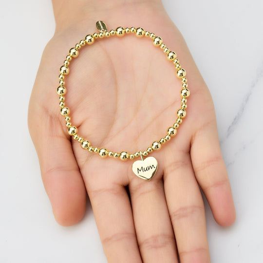 Gold Plated Mum Heart Charm Beaded Stretch Bracelet - Philip Jones Jewellery