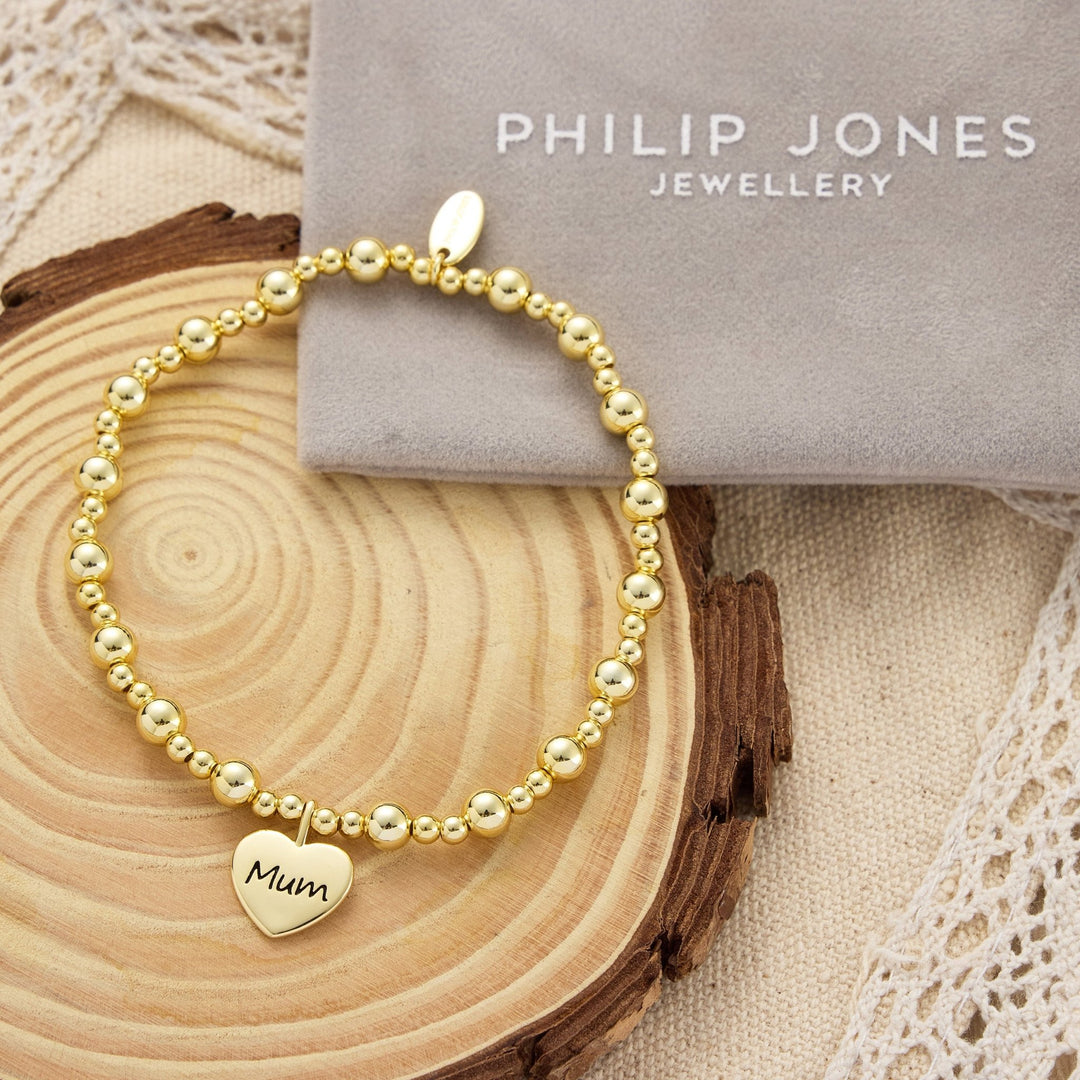 Gold Plated Mum Heart Charm Beaded Stretch Bracelet - Philip Jones Jewellery