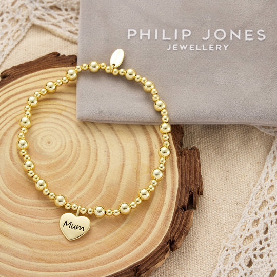 Gold Plated Mum Heart Charm Beaded Stretch Bracelet - Philip Jones Jewellery