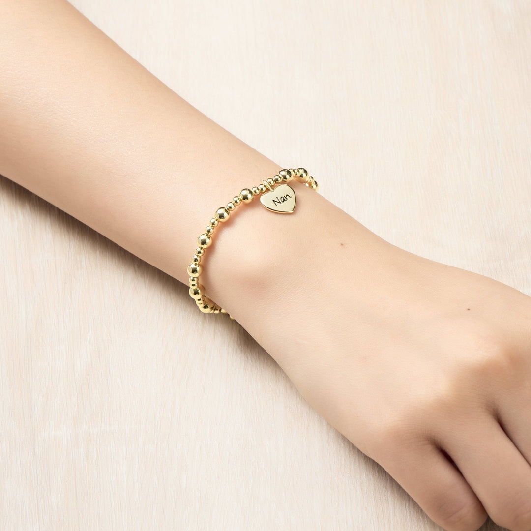 Gold Plated Nan Heart Charm Beaded Stretch Bracelet - Philip Jones Jewellery