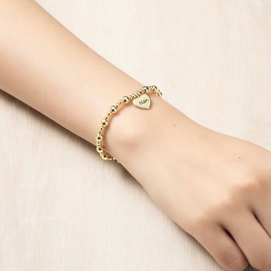Gold Plated Nan Heart Charm Beaded Stretch Bracelet - Philip Jones Jewellery