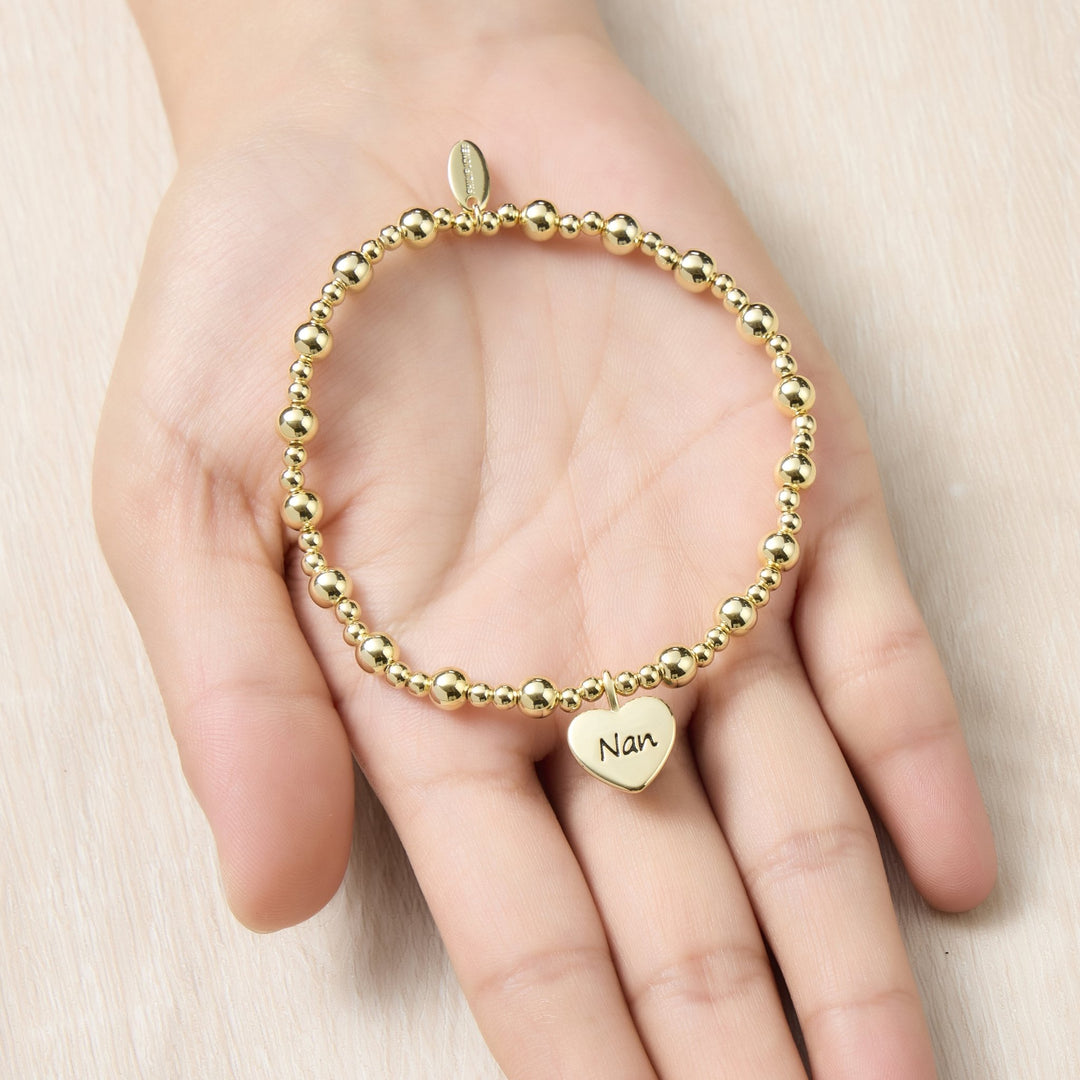 Gold Plated Nan Heart Charm Beaded Stretch Bracelet - Philip Jones Jewellery
