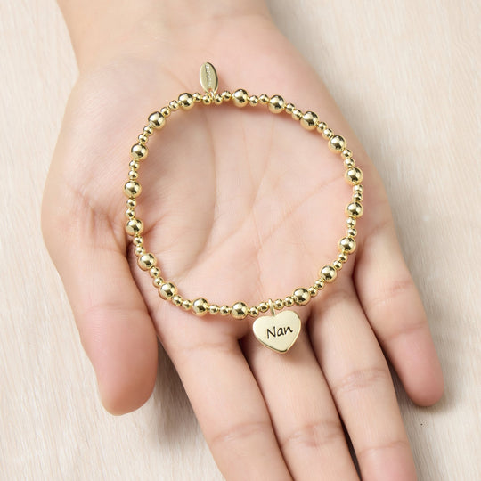 Gold Plated Nan Heart Charm Beaded Stretch Bracelet - Philip Jones Jewellery
