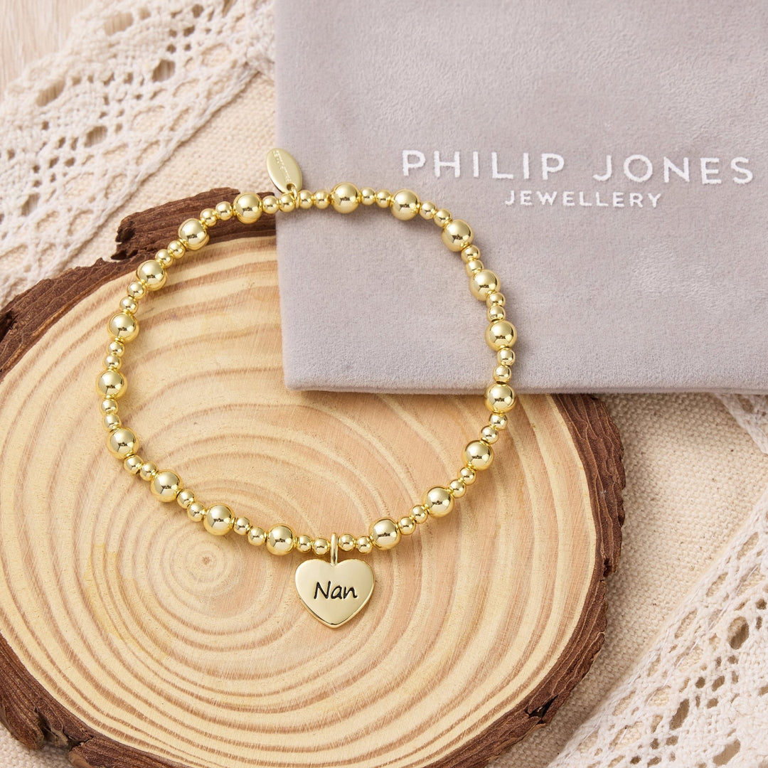 Gold Plated Nan Heart Charm Beaded Stretch Bracelet - Philip Jones Jewellery