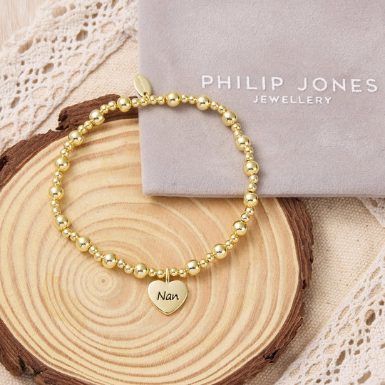 Gold Plated Nan Heart Charm Beaded Stretch Bracelet - Philip Jones Jewellery