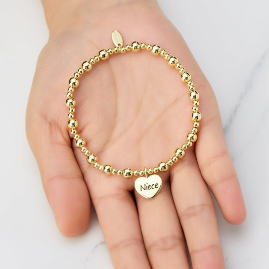 Gold Plated Niece Heart Charm Beaded Stretch Bracelet - Philip Jones Jewellery