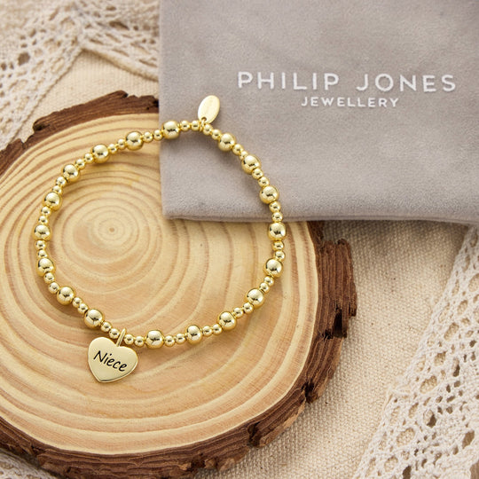 Gold Plated Niece Heart Charm Beaded Stretch Bracelet - Philip Jones Jewellery