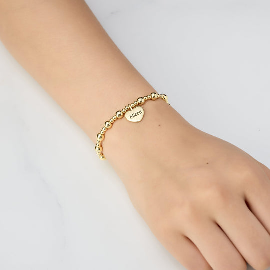 Gold Plated Niece Heart Charm Beaded Stretch Bracelet - Philip Jones Jewellery