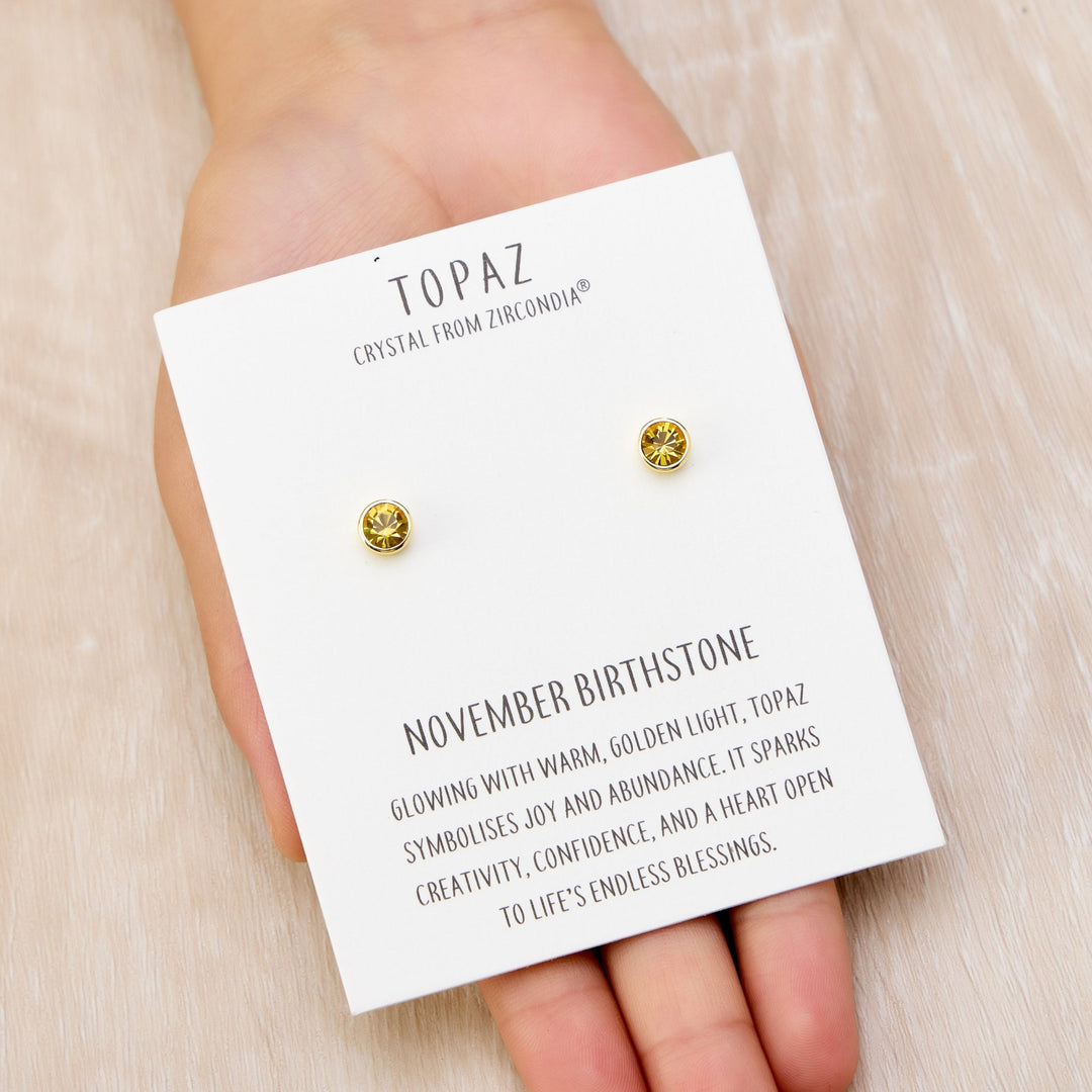 Gold Plated November (Topaz) Birthstone Earrings Created with Zircondia® Crystals - Philip Jones Jewellery