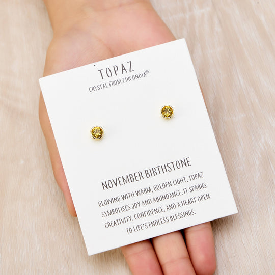Gold Plated November (Topaz) Birthstone Earrings Created with Zircondia® Crystals - Philip Jones Jewellery