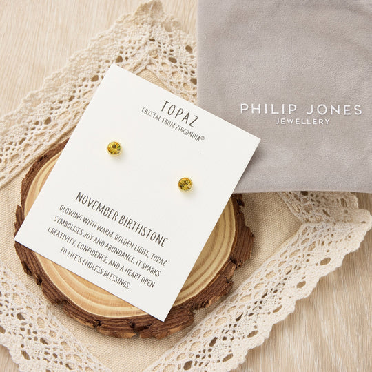 Gold Plated November (Topaz) Birthstone Earrings Created with Zircondia® Crystals - Philip Jones Jewellery