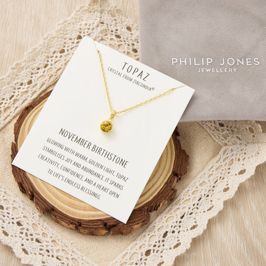 Gold Plated November (Topaz) Birthstone Necklace Created with Zircondia® Crystals - Philip Jones Jewellery